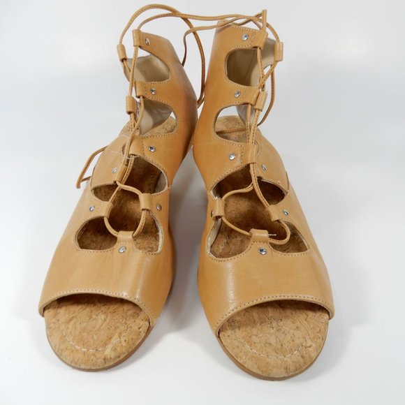 AMALFI by RANGONI Morata Cork Wedge Cage SANDALS Size 7 Sabbia Tan Leather NEW - Picture 2 of 9